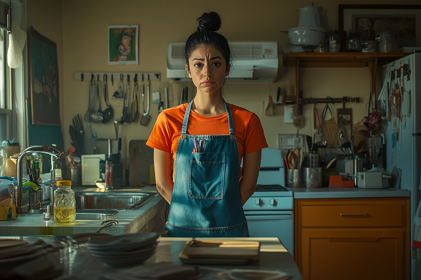 A woman standing in a kitchen looking disheveled and chagrined | Source: Midjourney