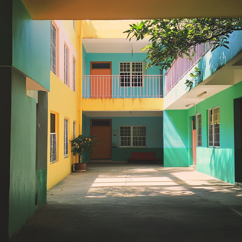 The colorful exterior of an orphanage | Source: Midjourney