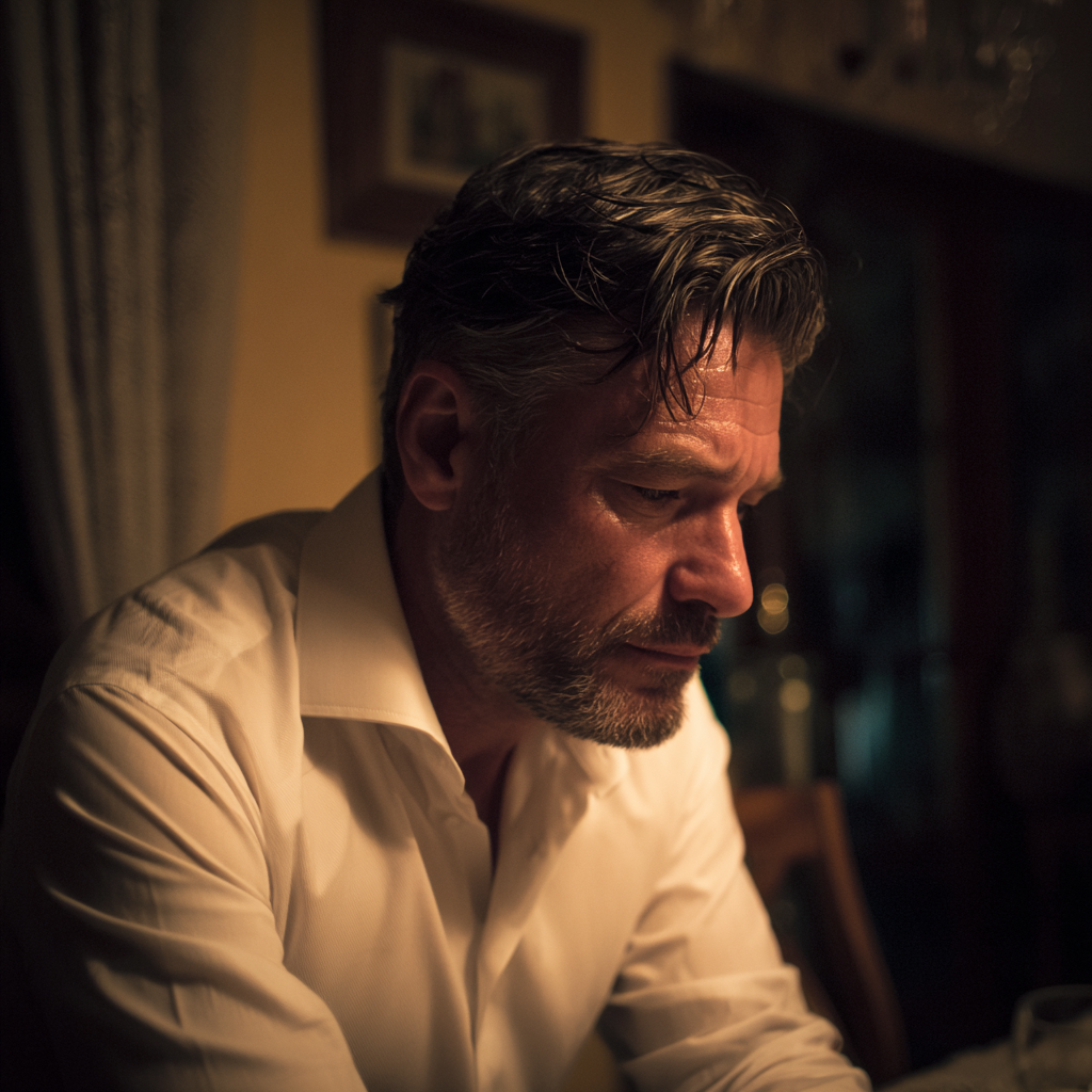 An upset man sitting at a table | Source: Midjourney