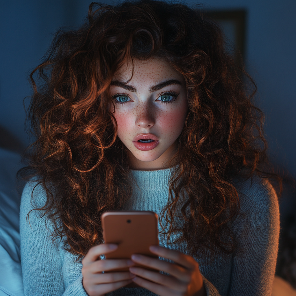 A shocked woman looking at her phone | Source: Midjourney