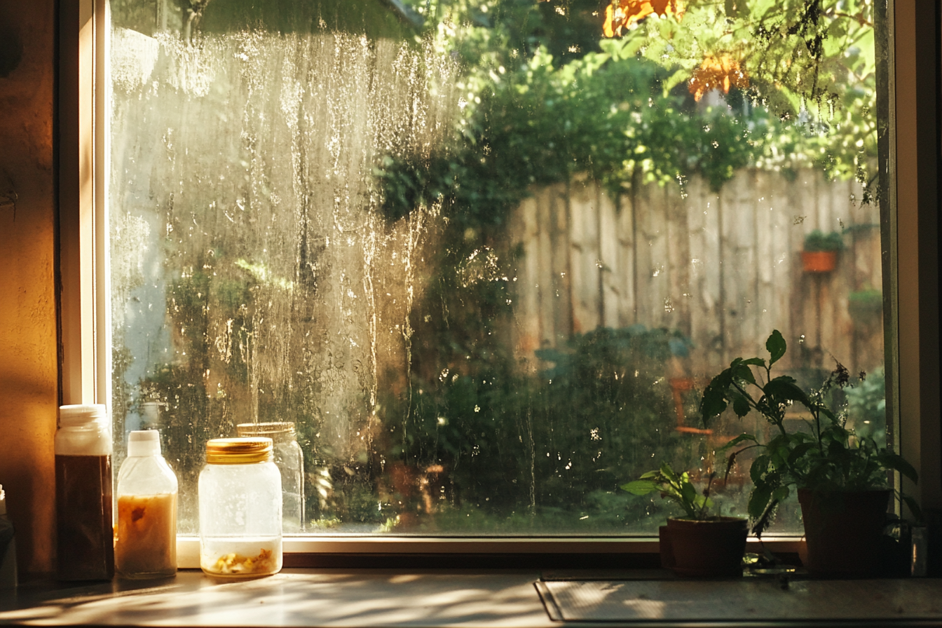 A dirty home window glass looking into a backyard | Source: Midjourney