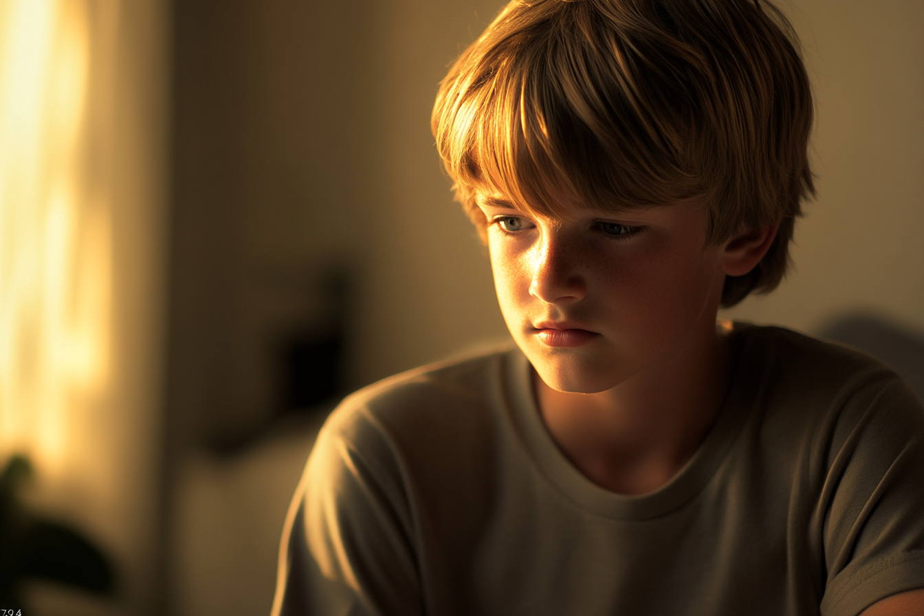 My Dad Invited My Brother and Me to His Wedding to the Woman He Cheated on Our Mom With – He Had No Idea He'd Regret It Soon 10 A boy sitting in a living room, looking down | Source: Midjourney
