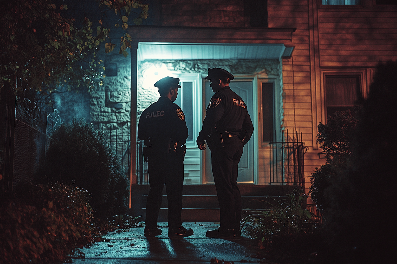 Policiers devant une maison d'habitation | Source : Midjourney