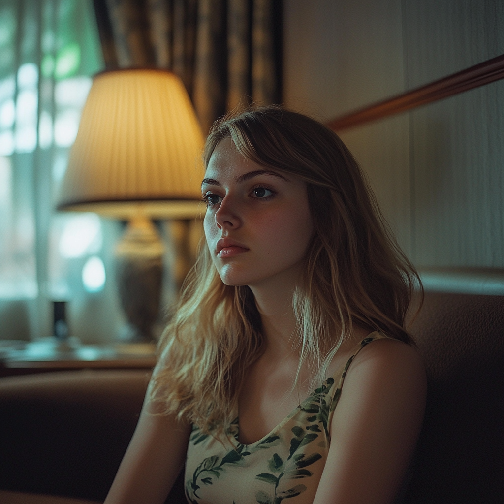 A young woman looks apologetic while sitting alone | Source: Midjourney