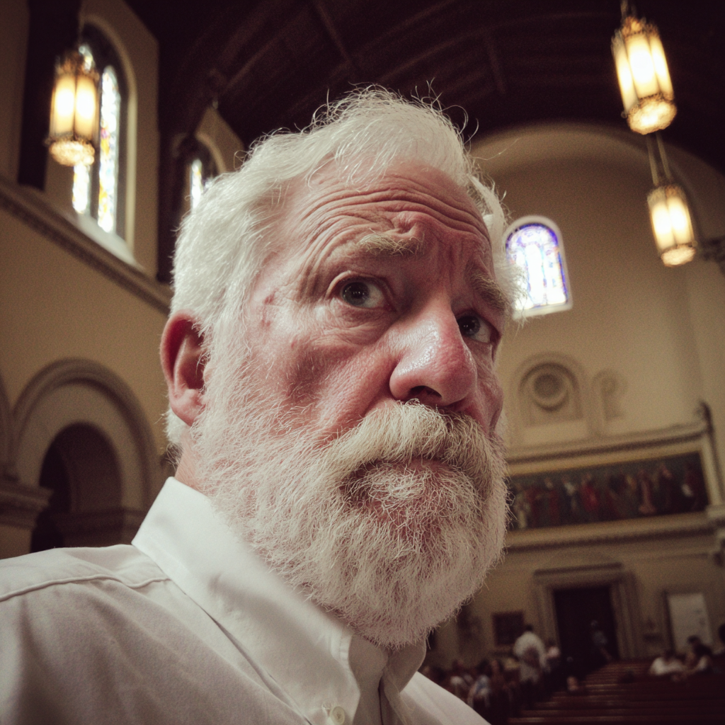 A close up of an older man in a church | Source: Midjourney