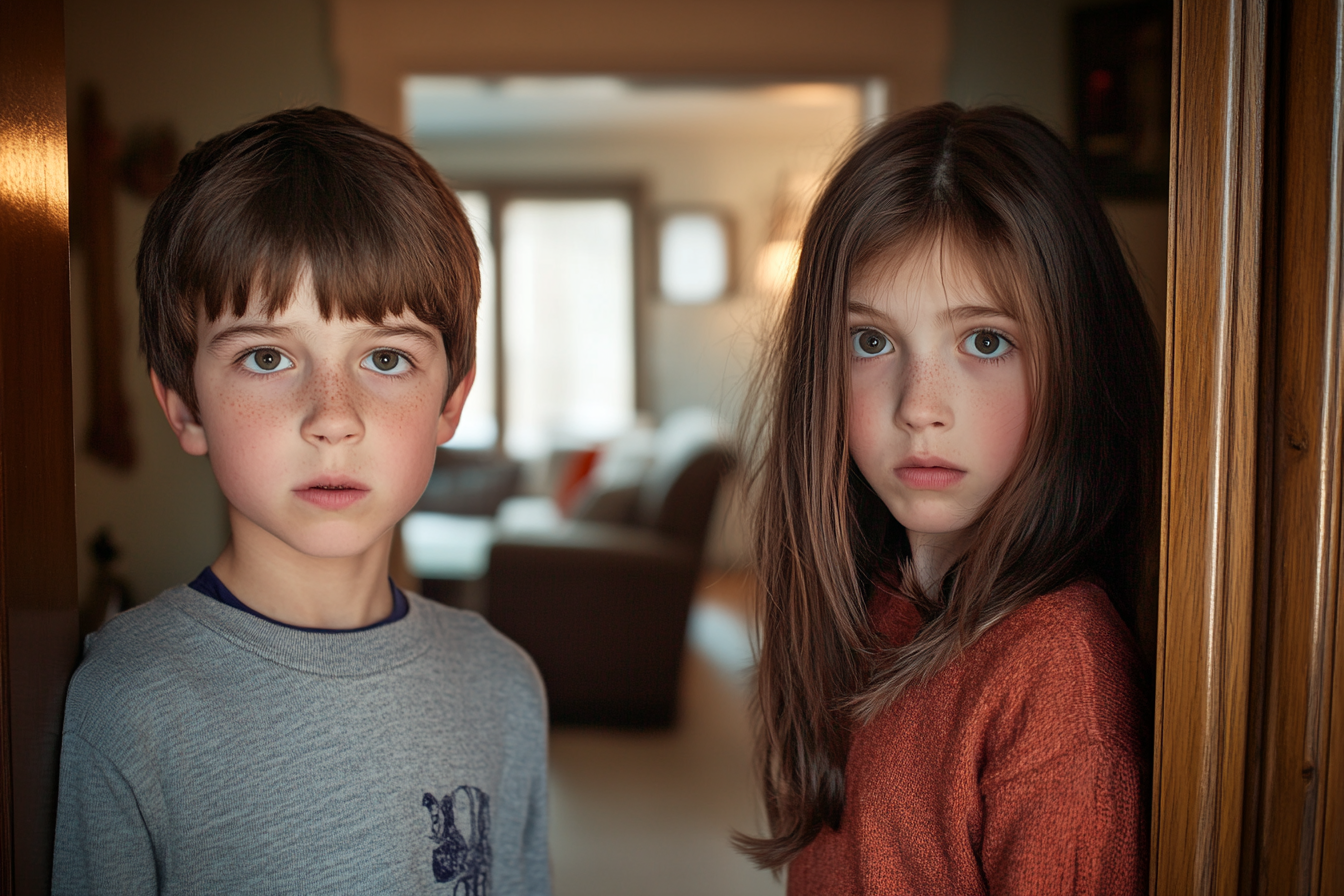 Two kids standing in a doorway looking curious and confused | Source: Midjourney