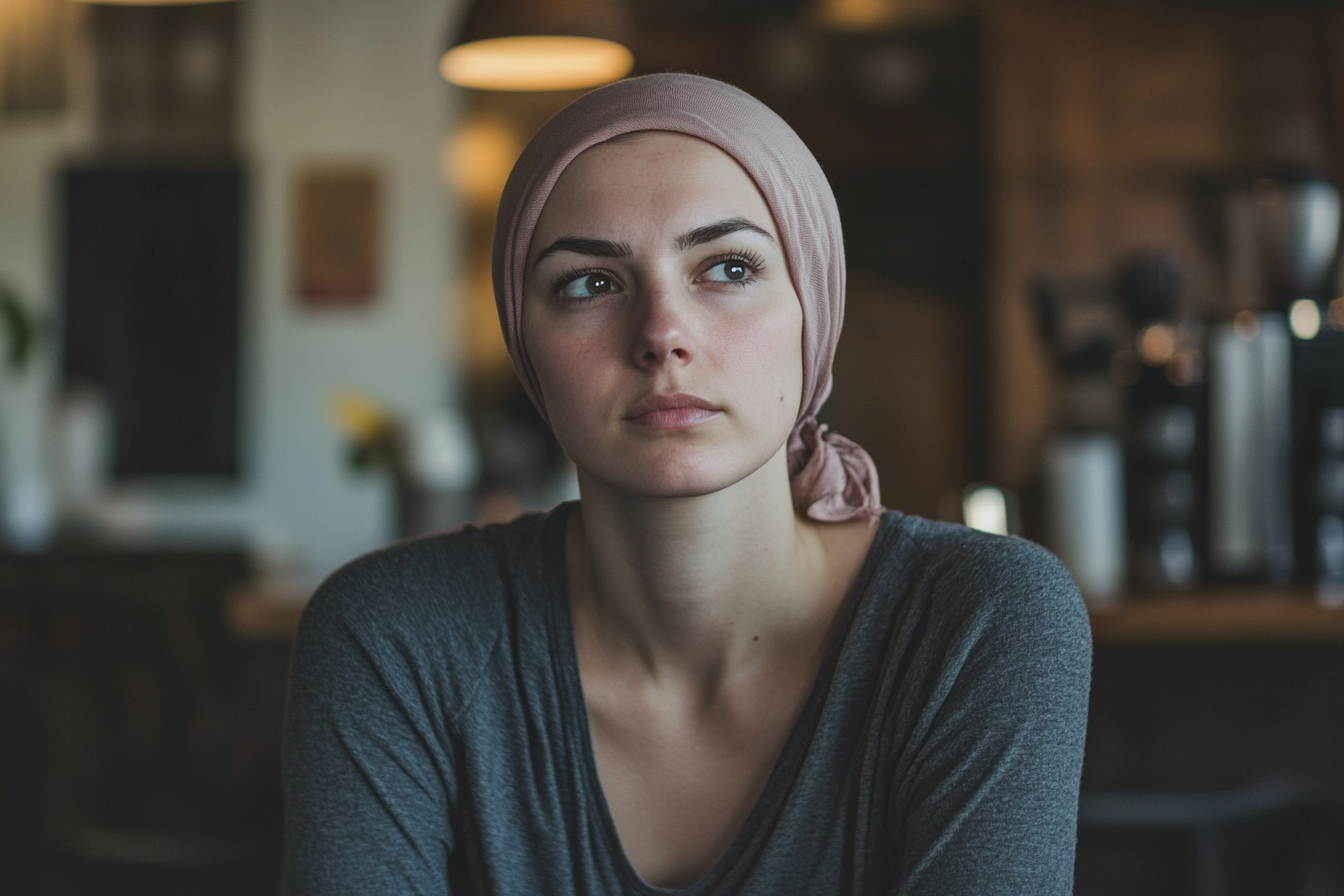 A woman in a coffee shop with a determined look on her face | Source: Midjourney