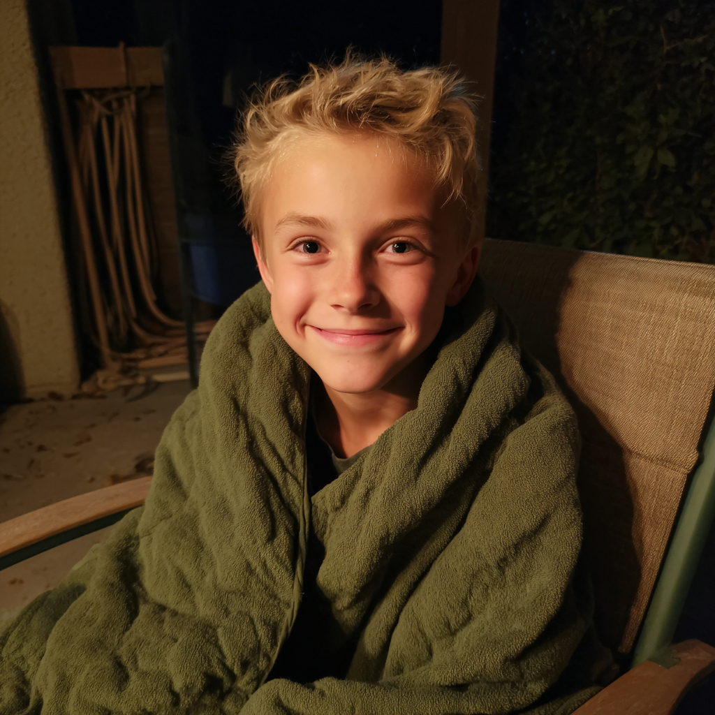 A smiling little boy wrapped in a green quilt | Source: Midjourney