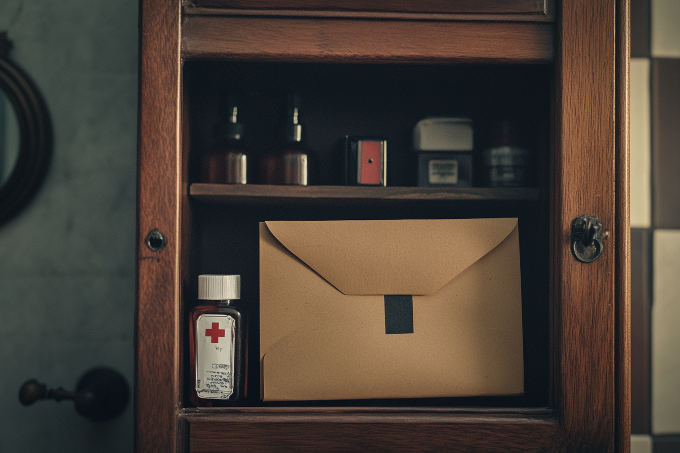 A manila envelope sitting inside a medicine cabinet | Source: Midjourney