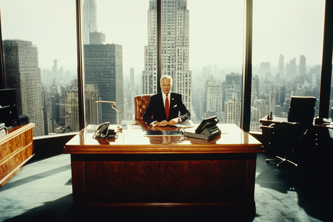 A man seated at a desk in a corner office | Source: Midjourney