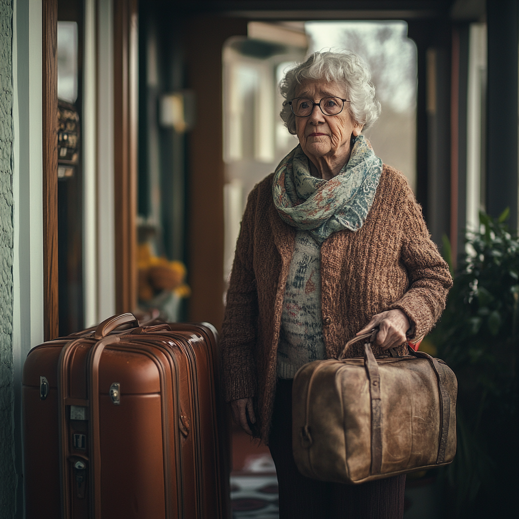 A senior woman standing at her neighbor's door with packed suitcases | Source: Midjourney