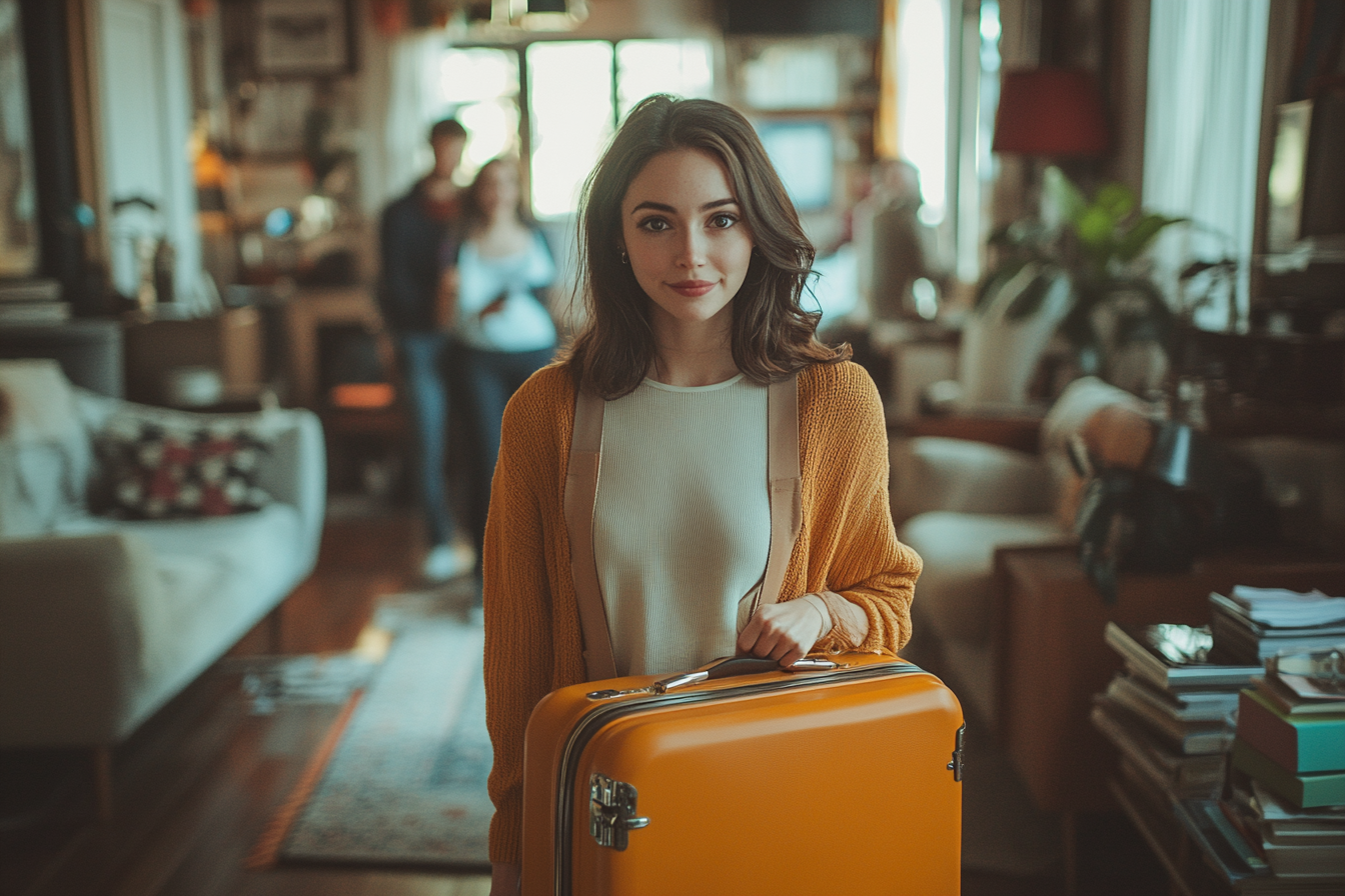 Surprised woman standing in the living room holding her suitcase | Source: Midjourney