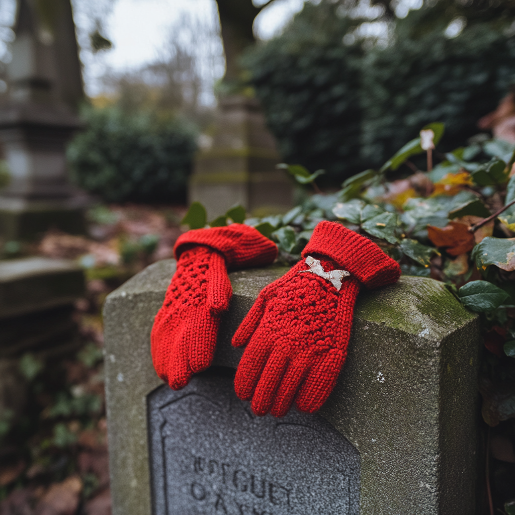 Red knitted gloves on a gravestone | Source: Midjourney