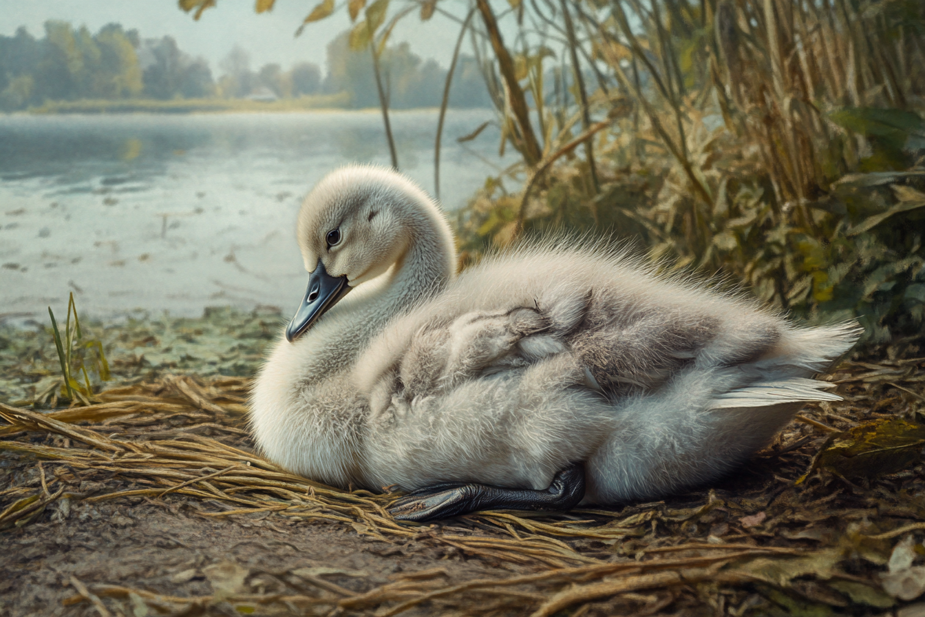 A young bird all by itself near a lake shore | Source: Midjourney