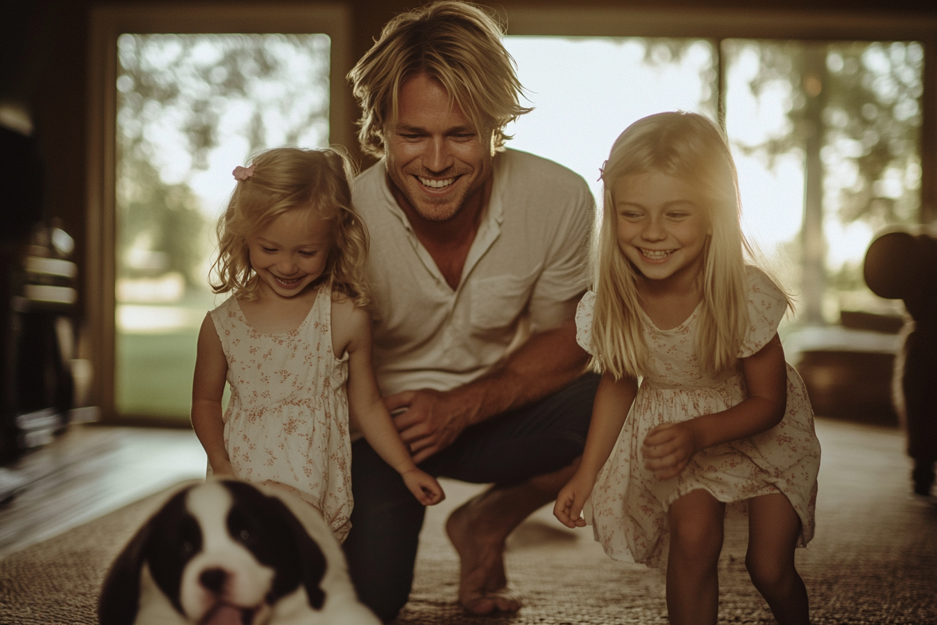 A blonde man in his 30s with twin girls, 5 years old, smiling happily while looking at a puppy in the living room | Source: Midjourney