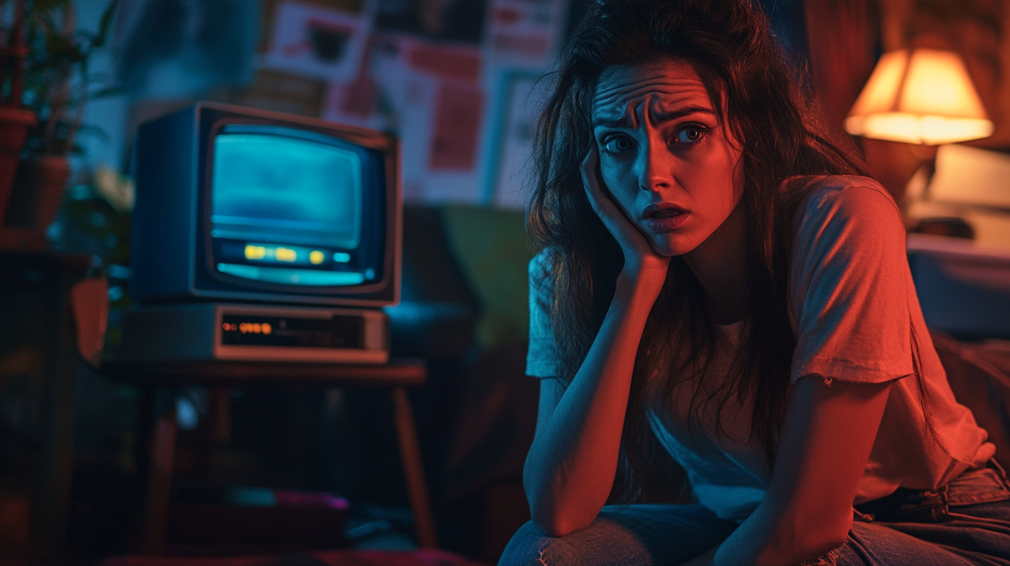 A worried woman in front of an old TV | Source: Midjourney