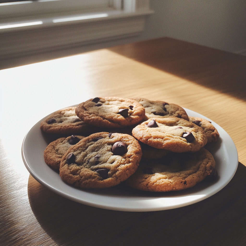 A plate of chocolate chip cookies | Source: Midjourney