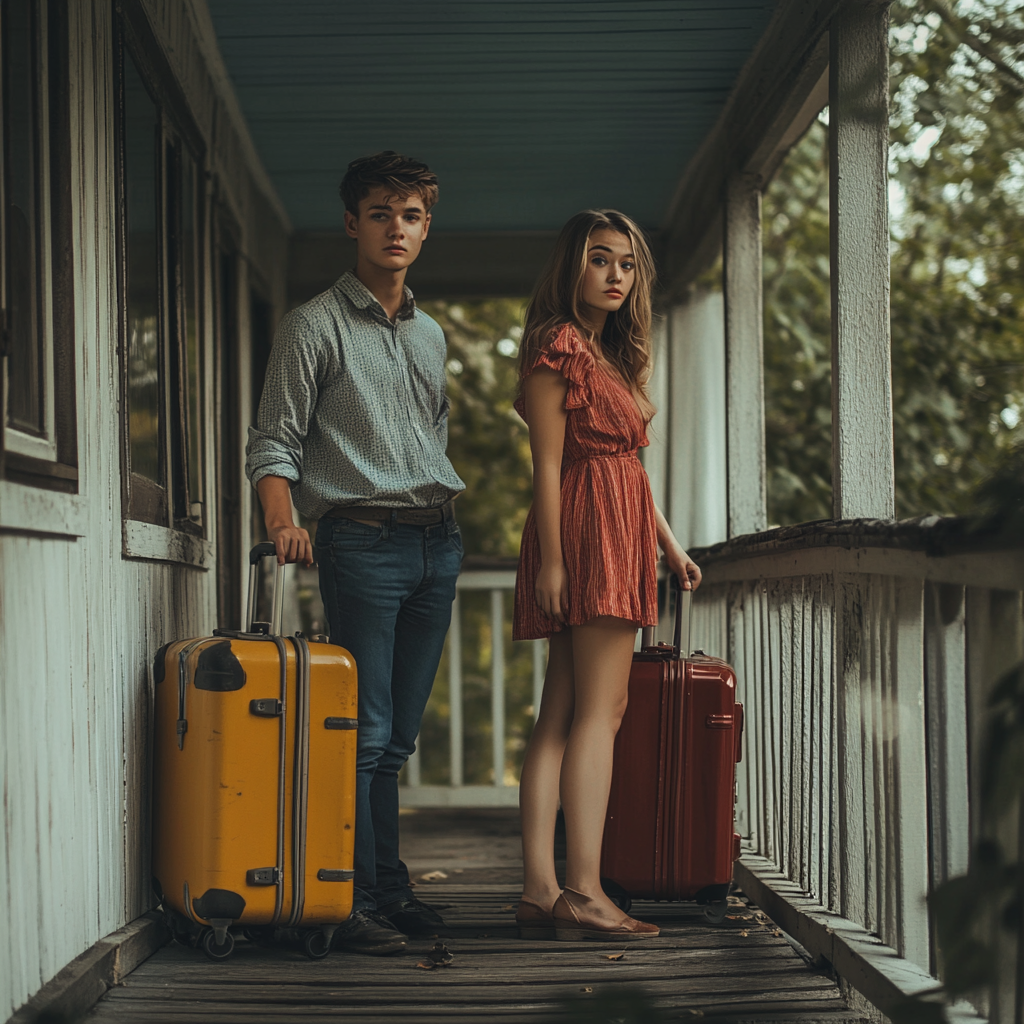 A disappointed young couple standing on the porch with their packed suitcases | Source: Midjourney