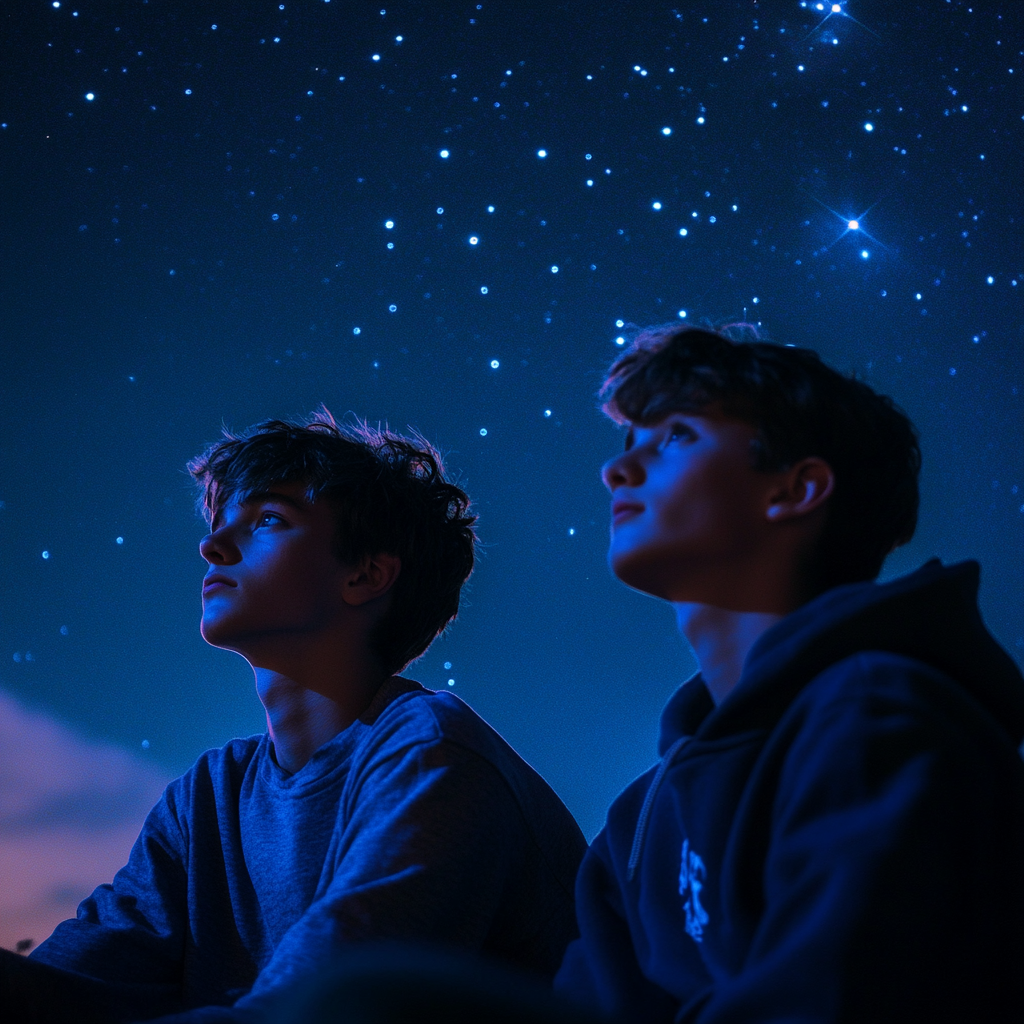 Dois meninos observando as estrelas | Fonte: Midjourney