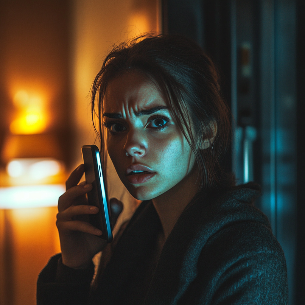 An angry woman talking on her phone in a hotel room | Source: Midjourney