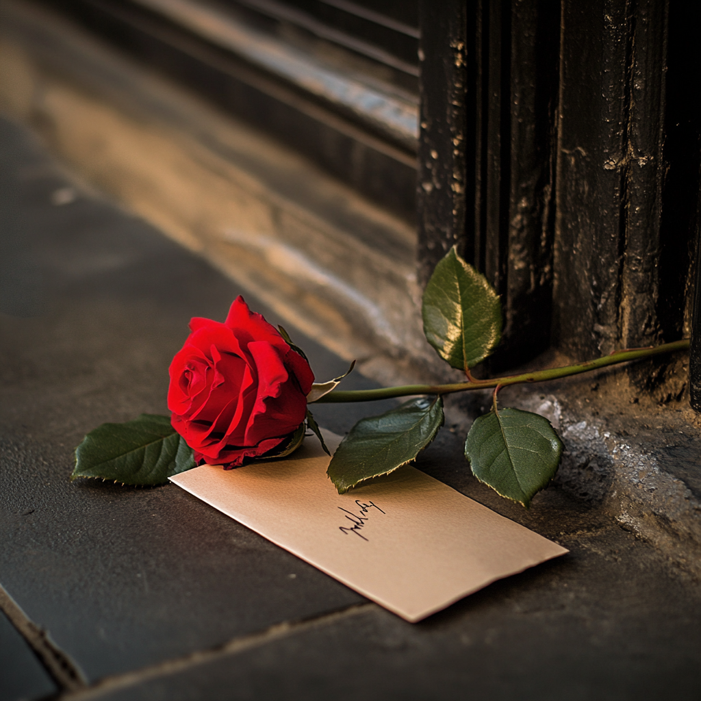 A rose with a note on the doorstep | Source: Midjourney