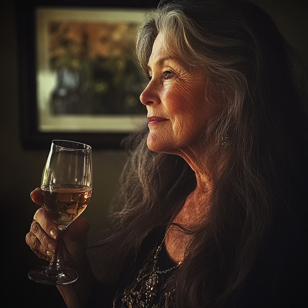 A woman sitting at a table with a glass of wine | Source: Midjourney