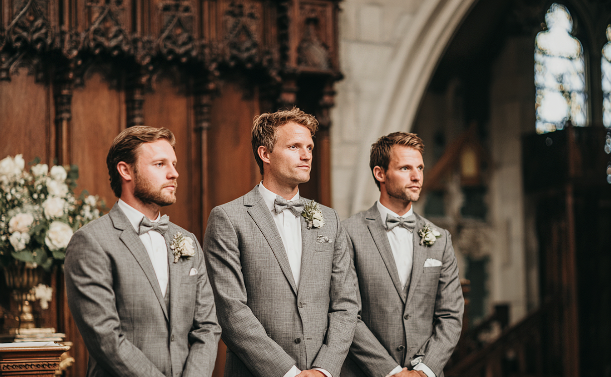 A trio of solemn-looking groomsmen | Source: Midjourney