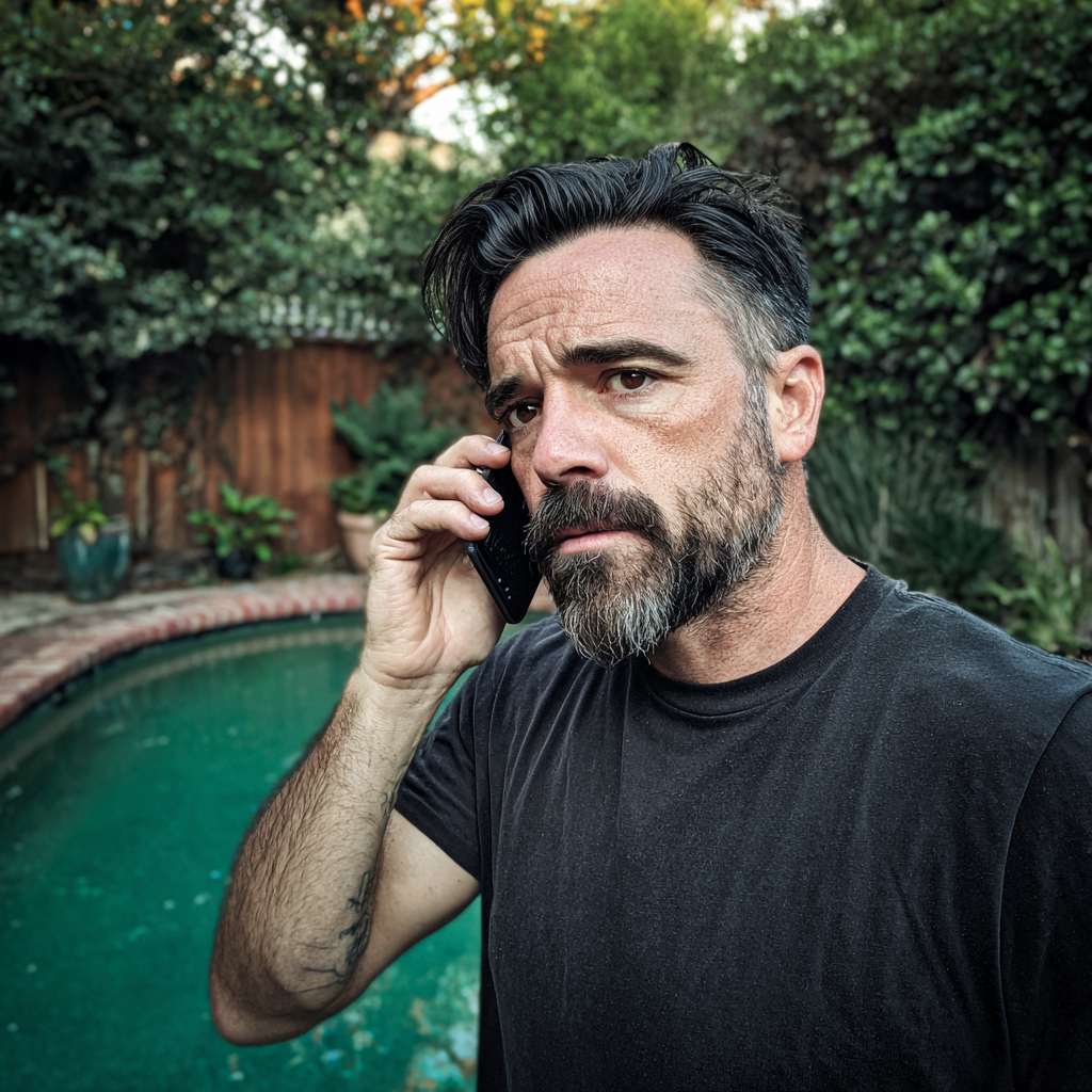 A frowning man talking on a phone | Source: Midjourney