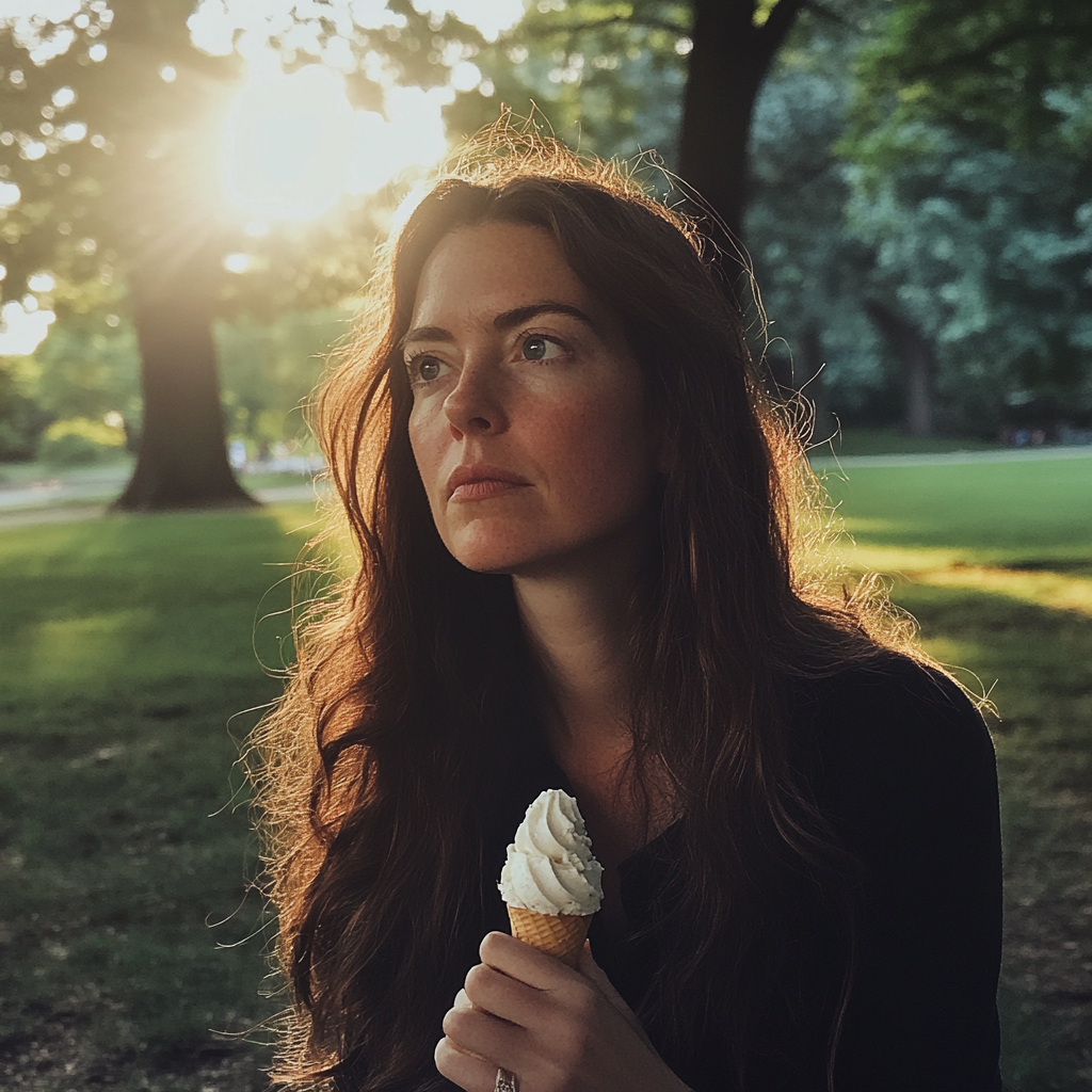 A woman holding an ice cream cone | Source: Midjourney