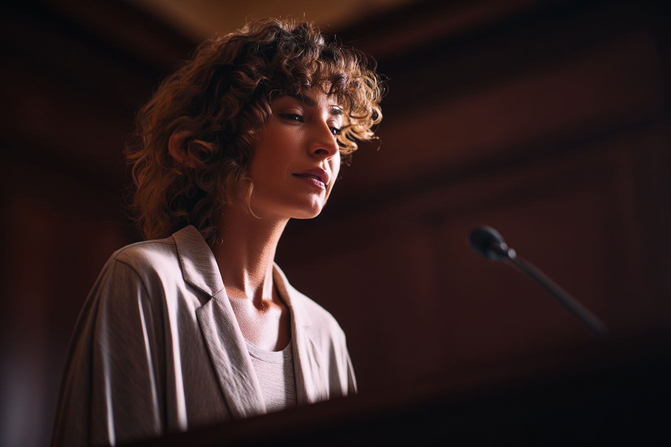 A woman standing in a witness stand | Source: Midjourney