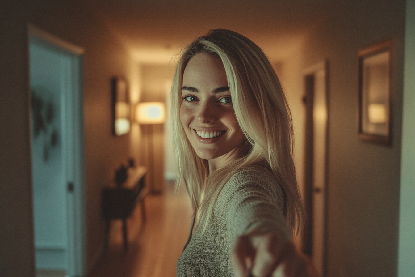 A blonde woman smiling and pointing her finger in the hallway of a home | Source: Midjourney