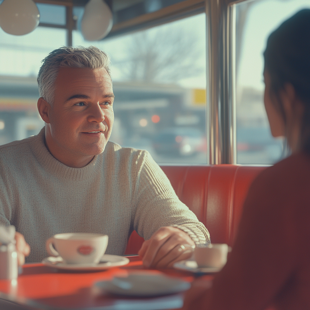 A man talking to a young woman | Source: Midjourney