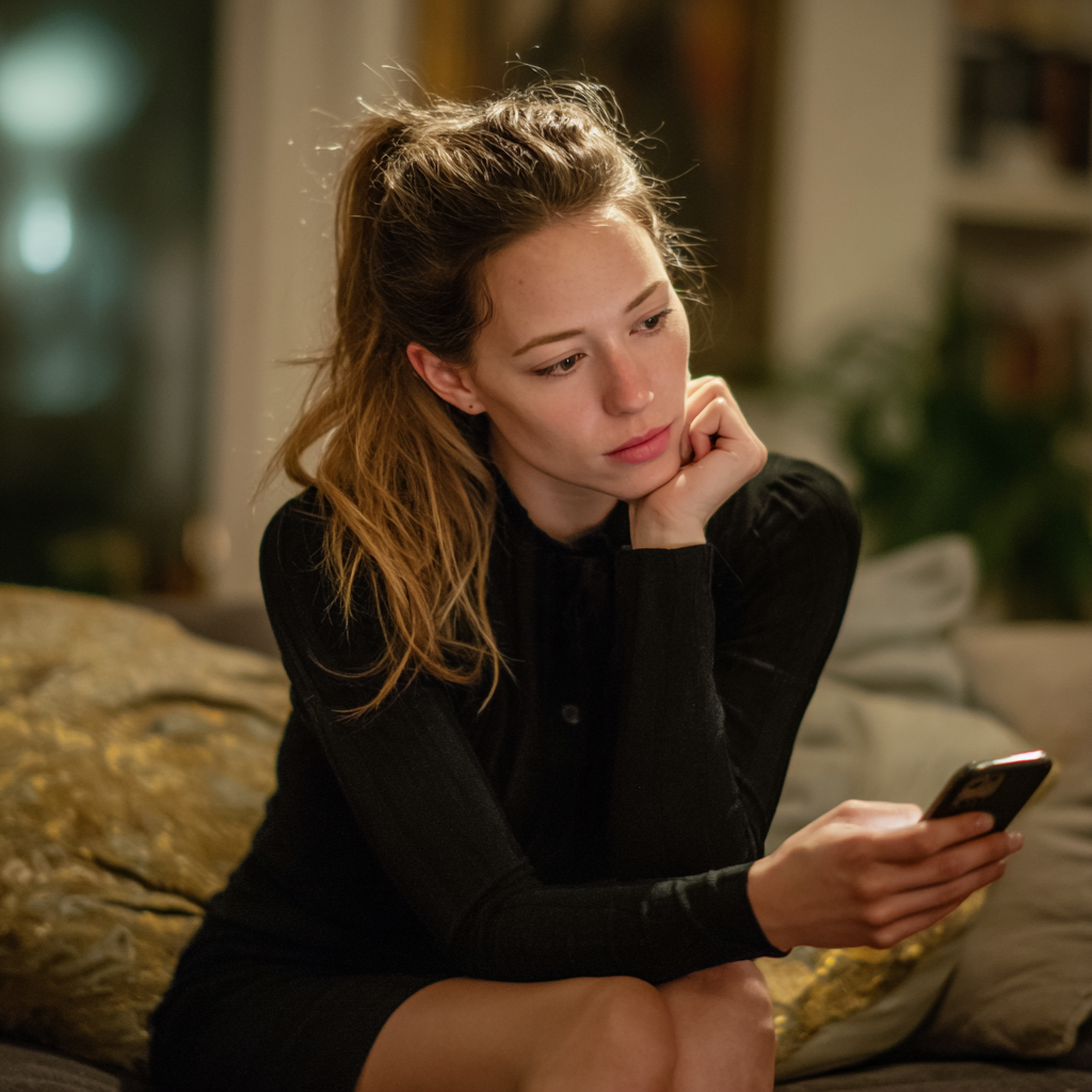 A young woman sitting on a couch and using her cellphone | Source: Midjourney