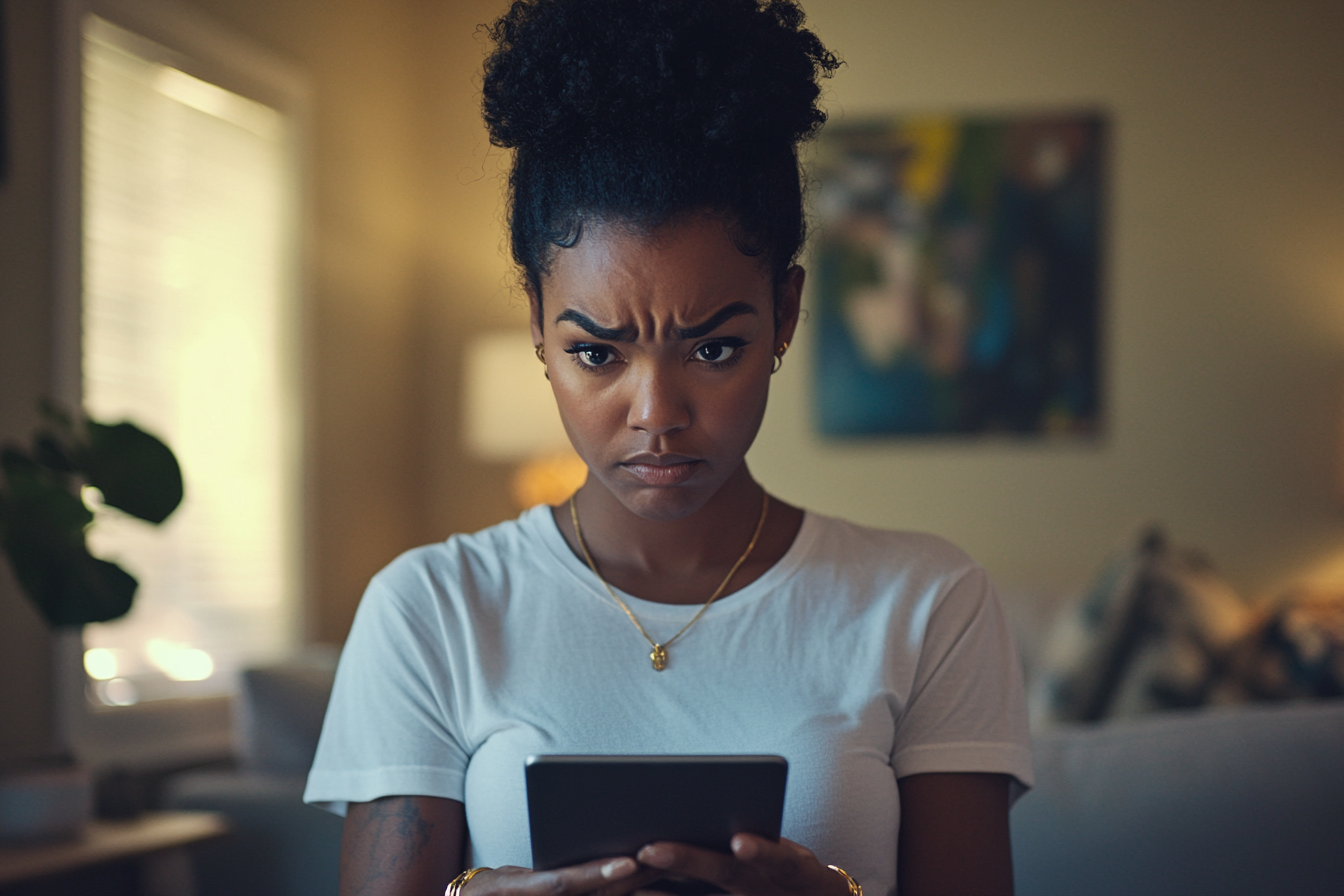 A woman holding an iPad and looking worried | Source: Midjourney