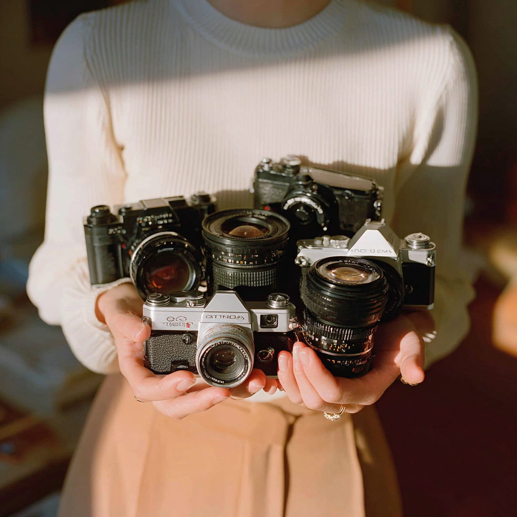 A woman holding cameras and lenses | Source: Midjourney