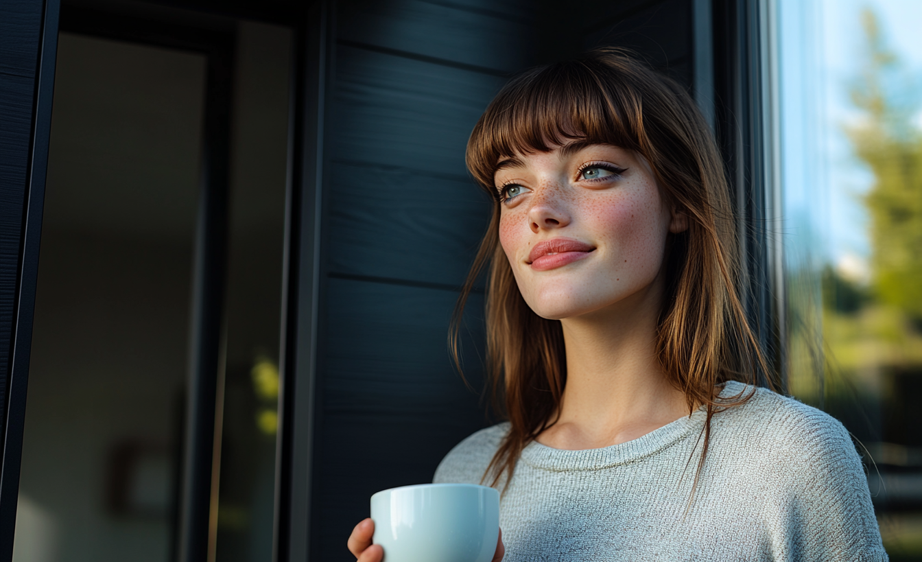 A woman smiling and holding a coffee cup on a front porch | Source: Midjourney