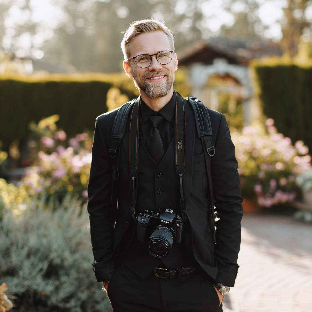 A smiling wedding photographer | Source: Midjourney