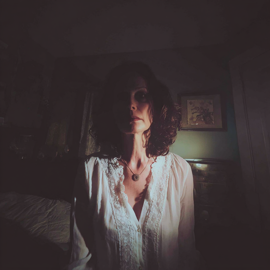 A creepy woman standing in a bedroom at night | Source: Midjourney