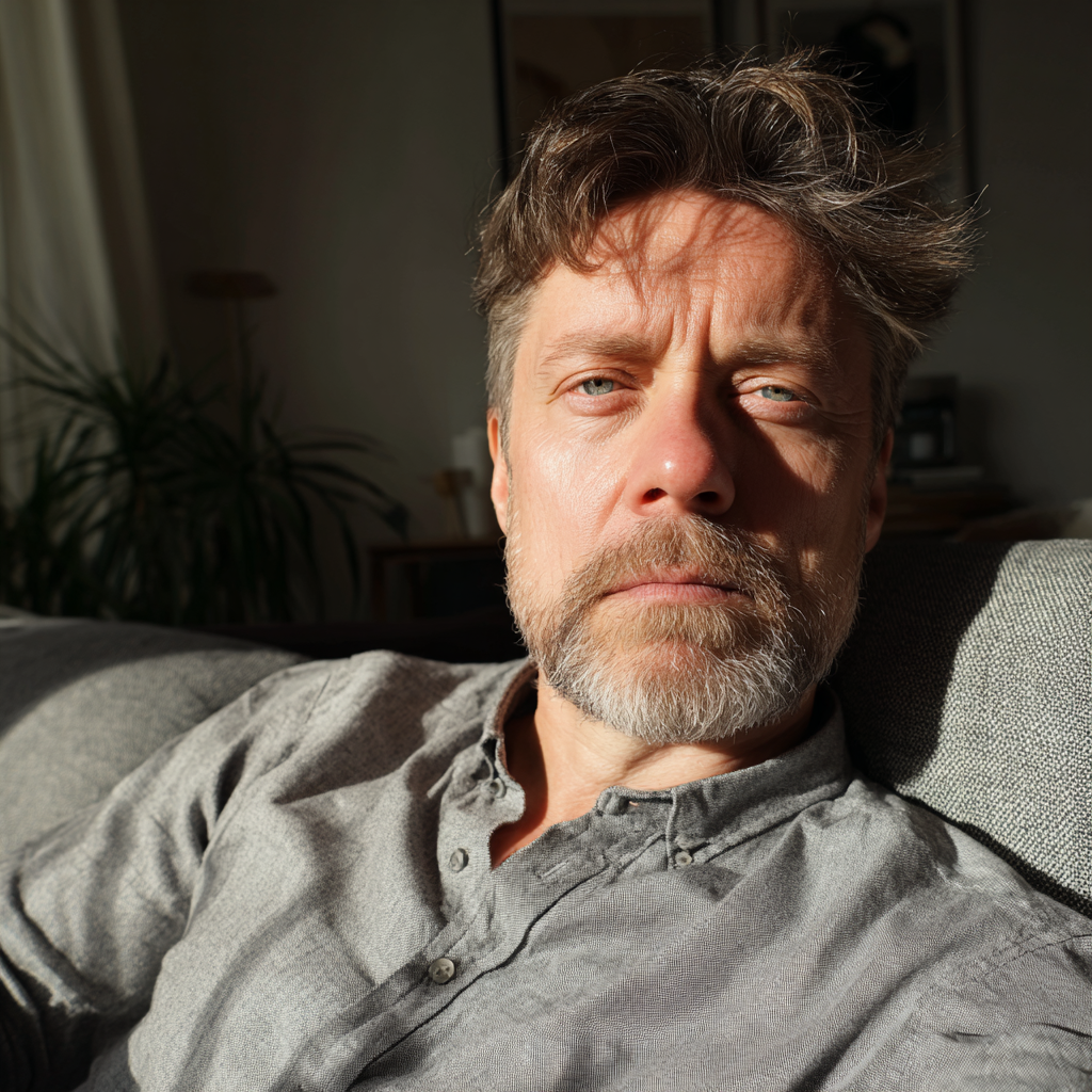 An annoyed man sitting on a couch | Source: Midjourney