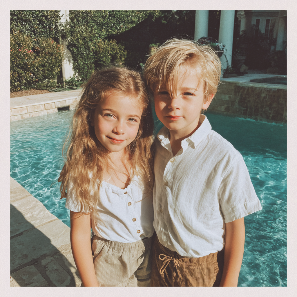 Two smiling children standing by a pool | Source: Midjourney