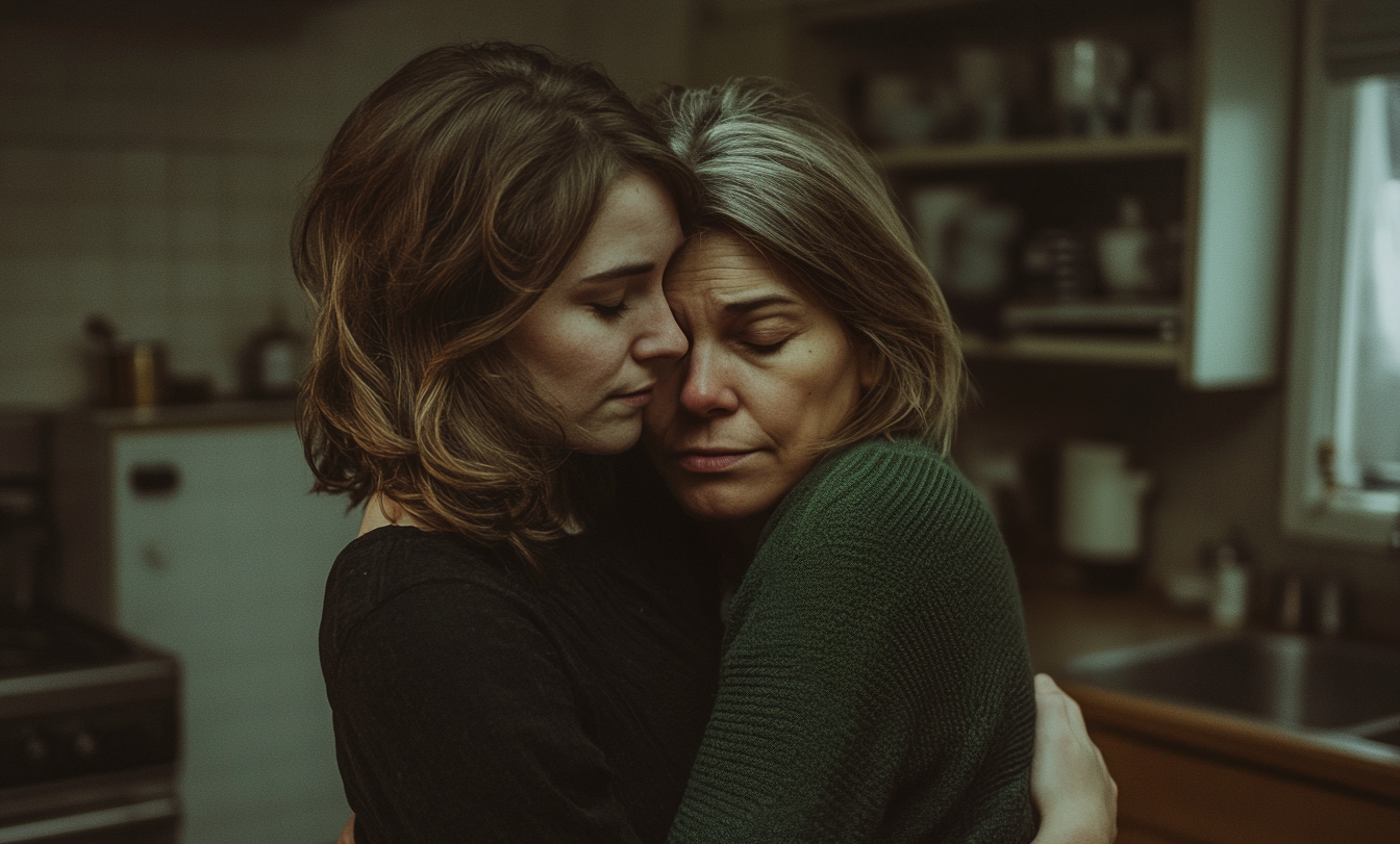 A woman hugging her elderly mother in a kitchen | Source: Midjourney