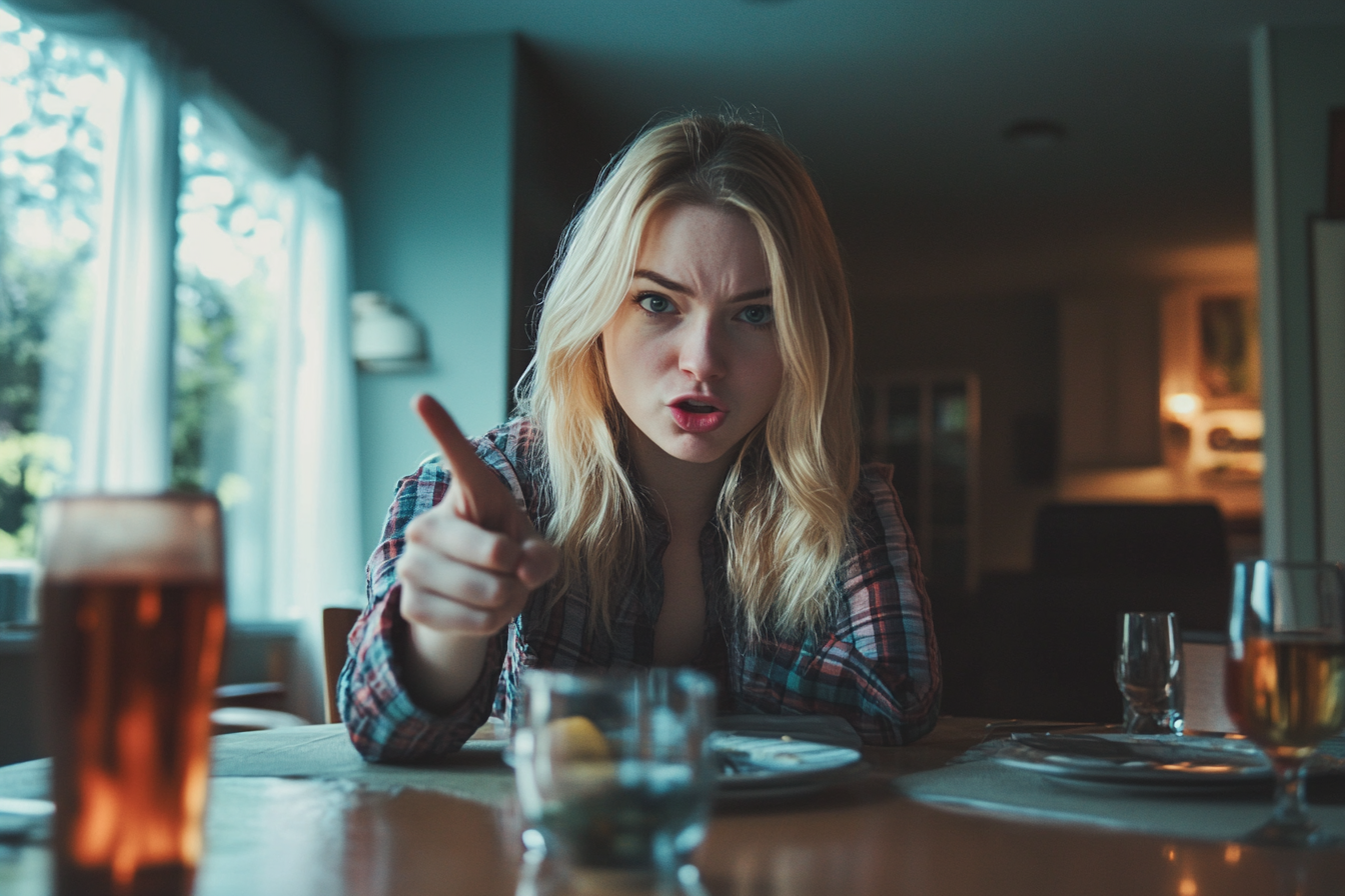 A woman pointing at someone while speaking angrily | Source: Midjourney