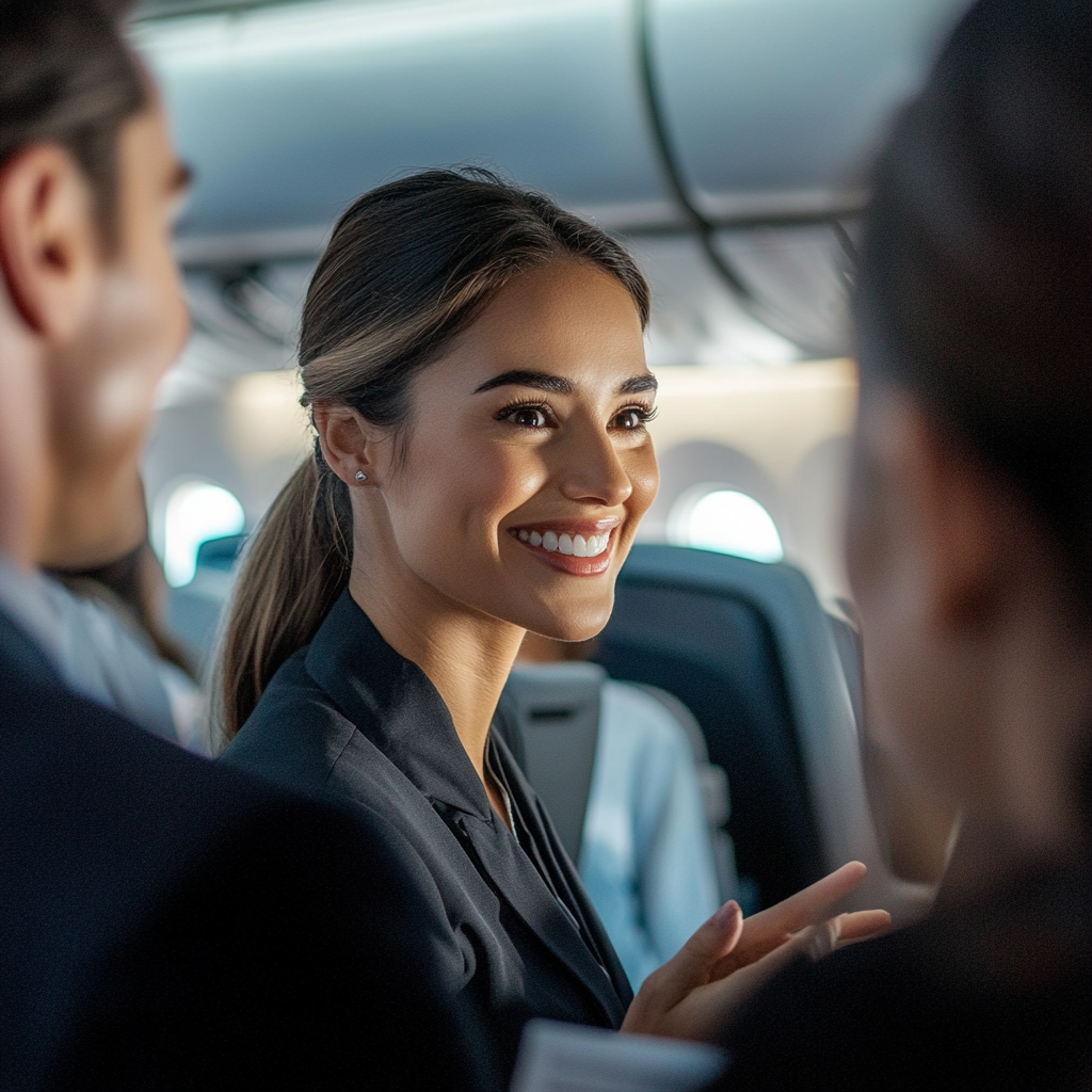 A flight attendant talking to passengers | Source: Midjourney