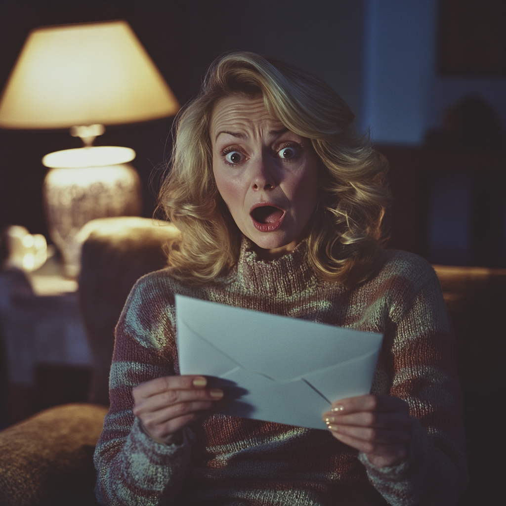 A shocked woman looking at an envelope | Source: Midjourney