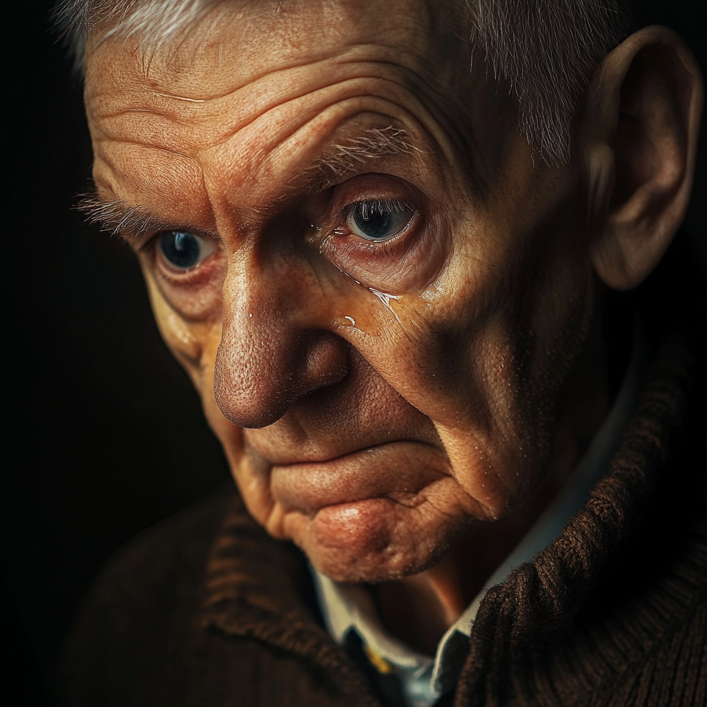 An emotional older man with his eyes downcast | Source: Midjourney