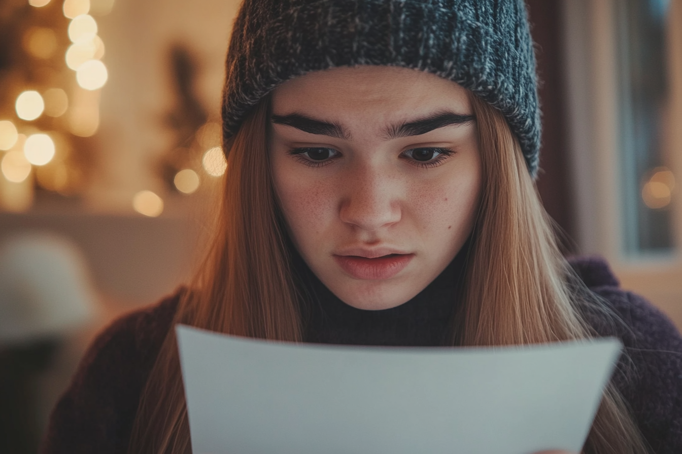 A young girl reading a paper | Source: Midjourney