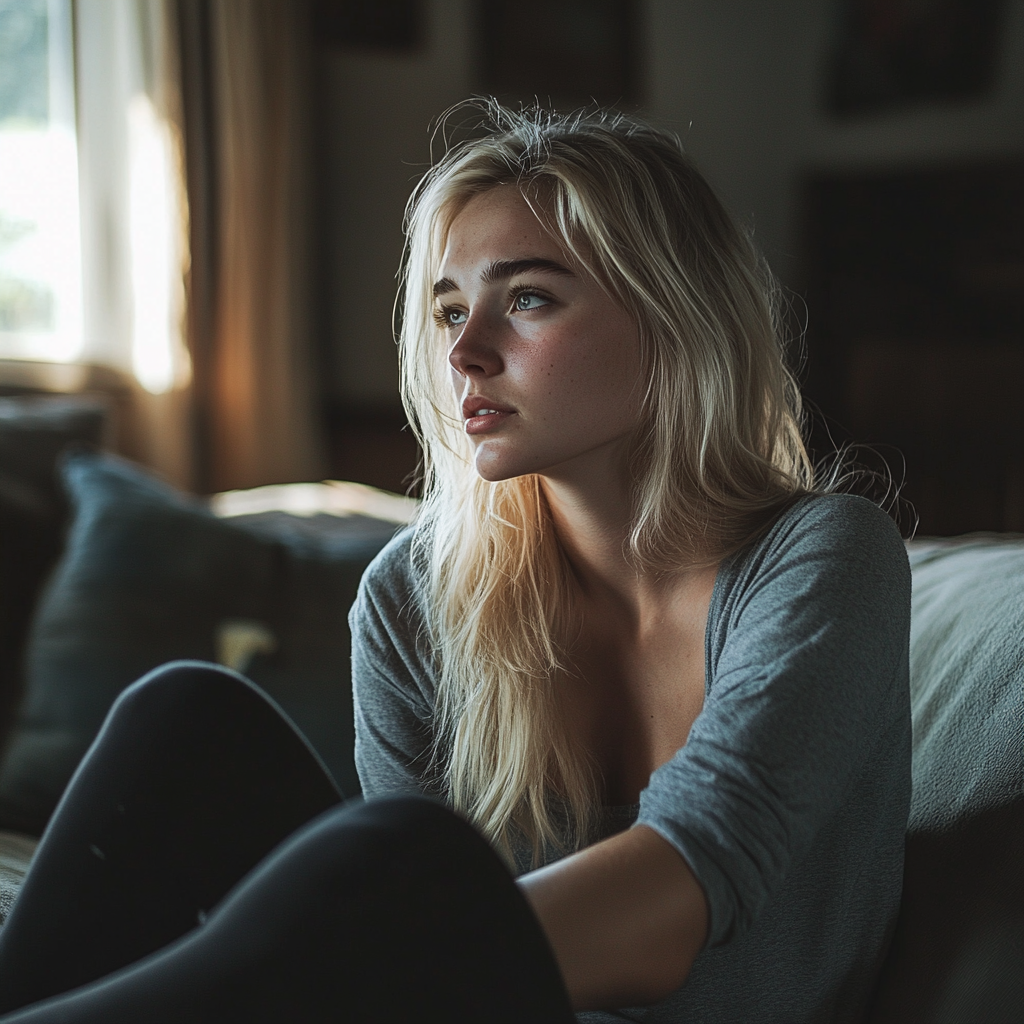 An upset woman sitting in her living room | Source: Midjourney