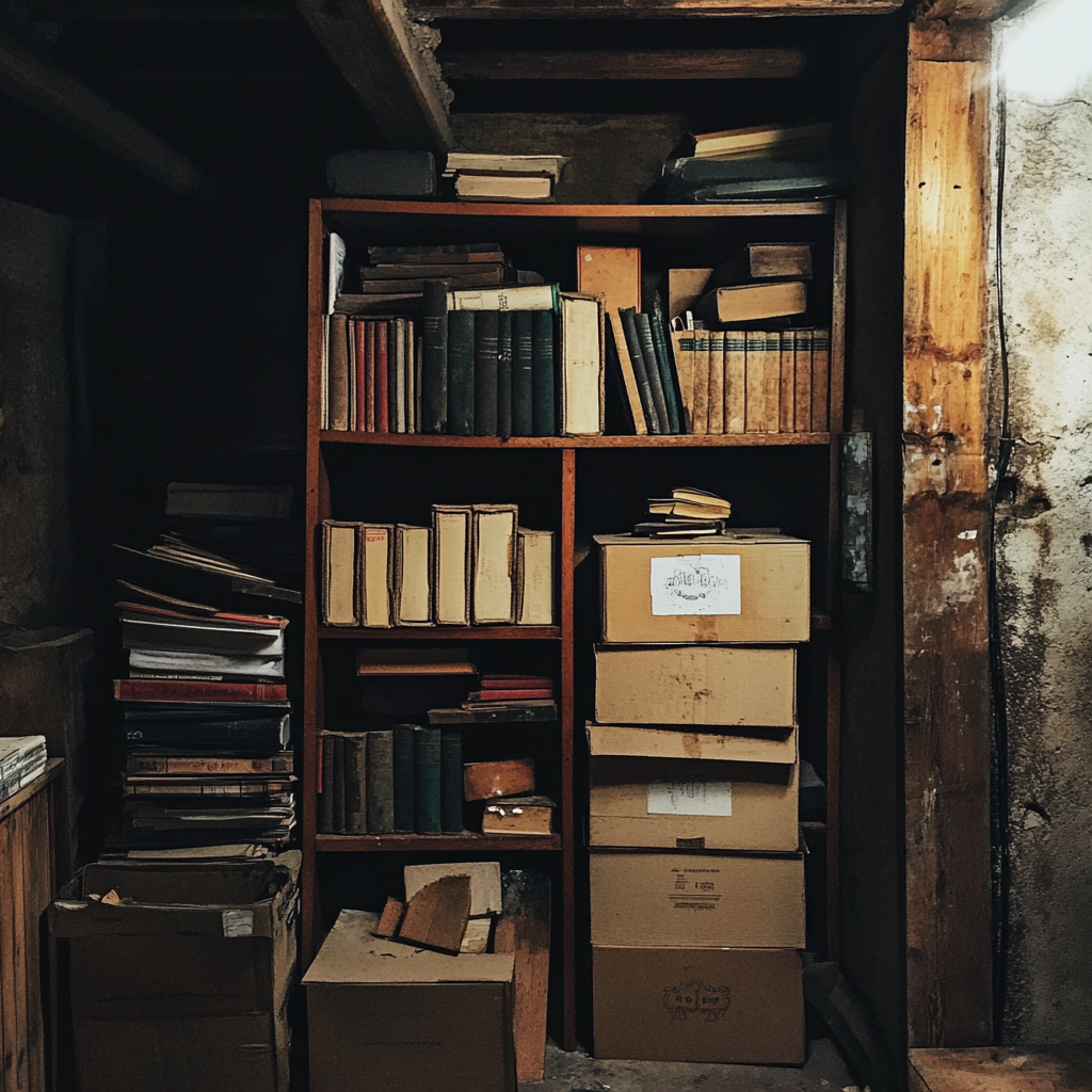 A bookshelf in a basement | Source: Midjourney