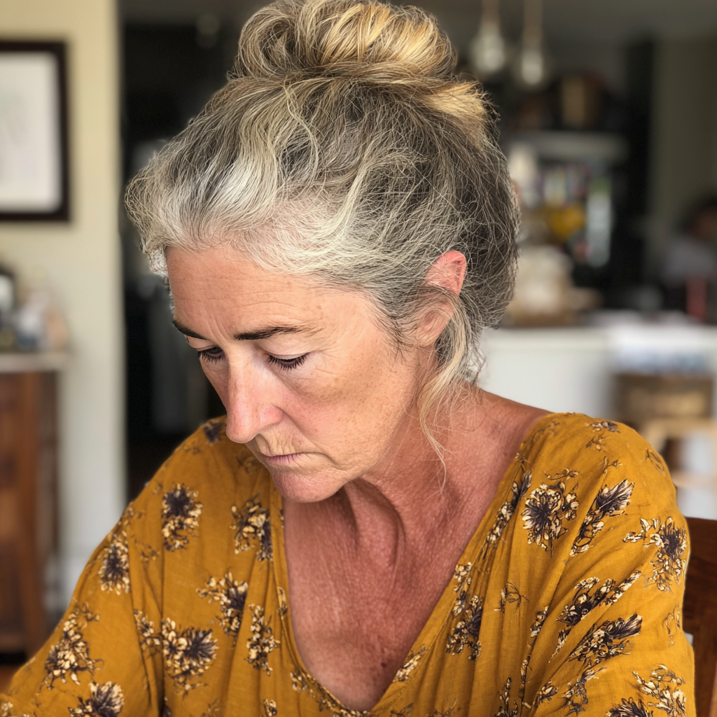 An older woman sitting at a kitchen table | Source: Midjourney