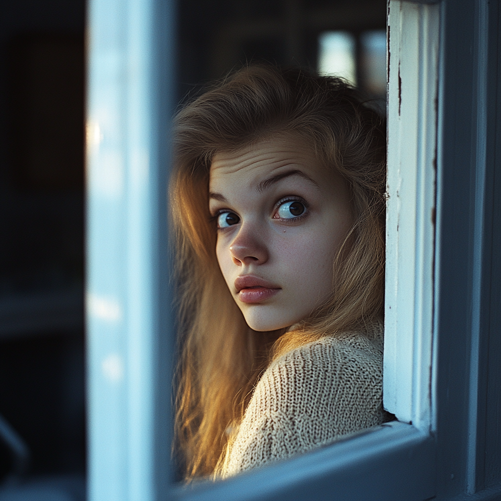 A woman peeking through a window | Source: Midjourney